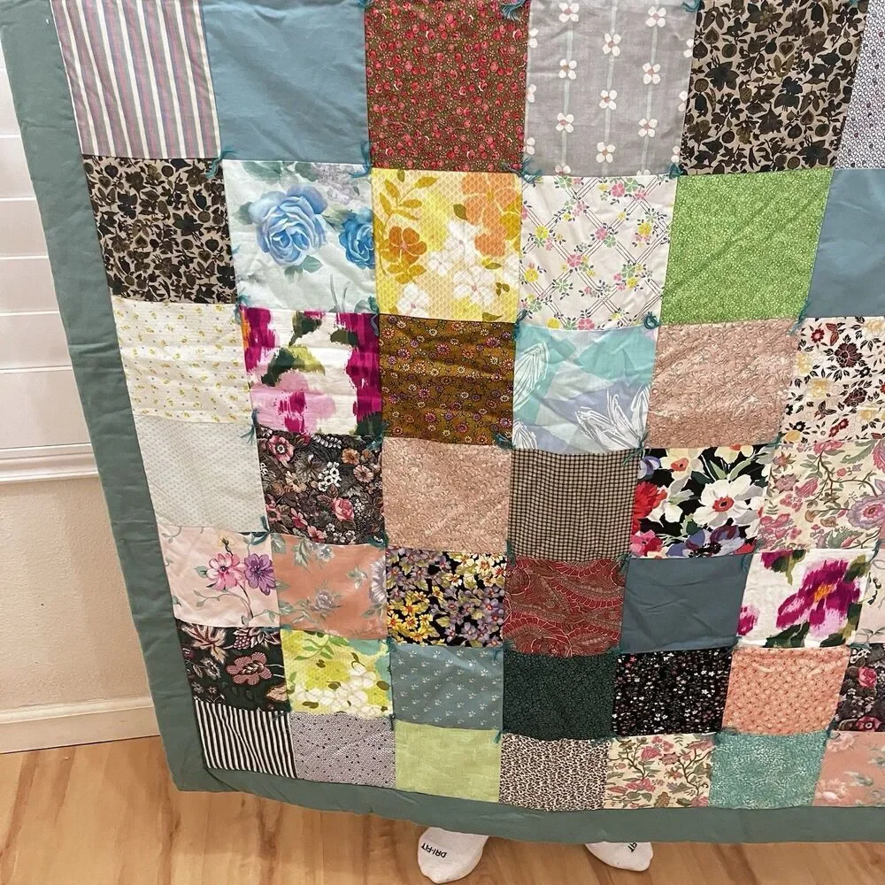 Handmade Patchwork Quilt Throw Lap Blanket Floral Teal Green
